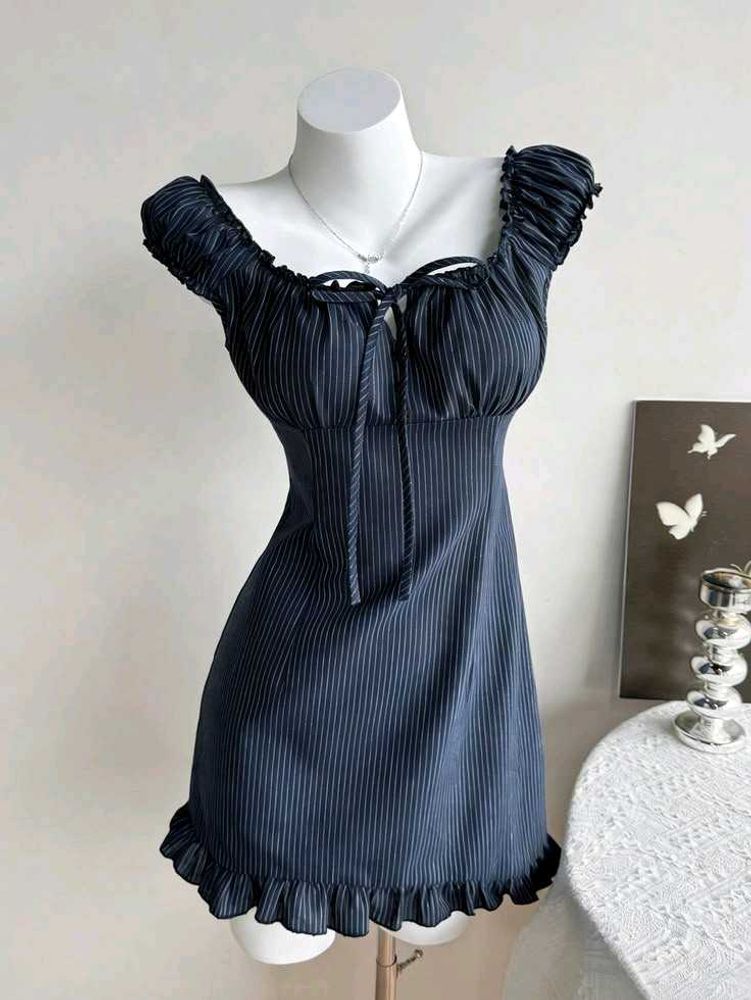 y2k Chic Navy Striped Ruffle Dress