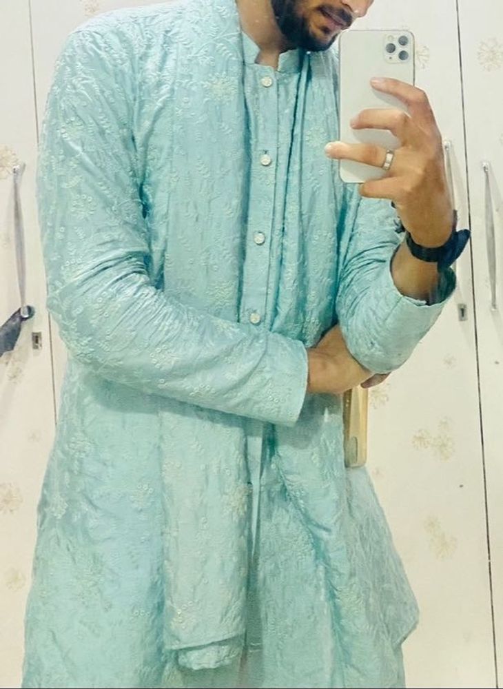 Men's Blue Embroidered Kurta with Stole