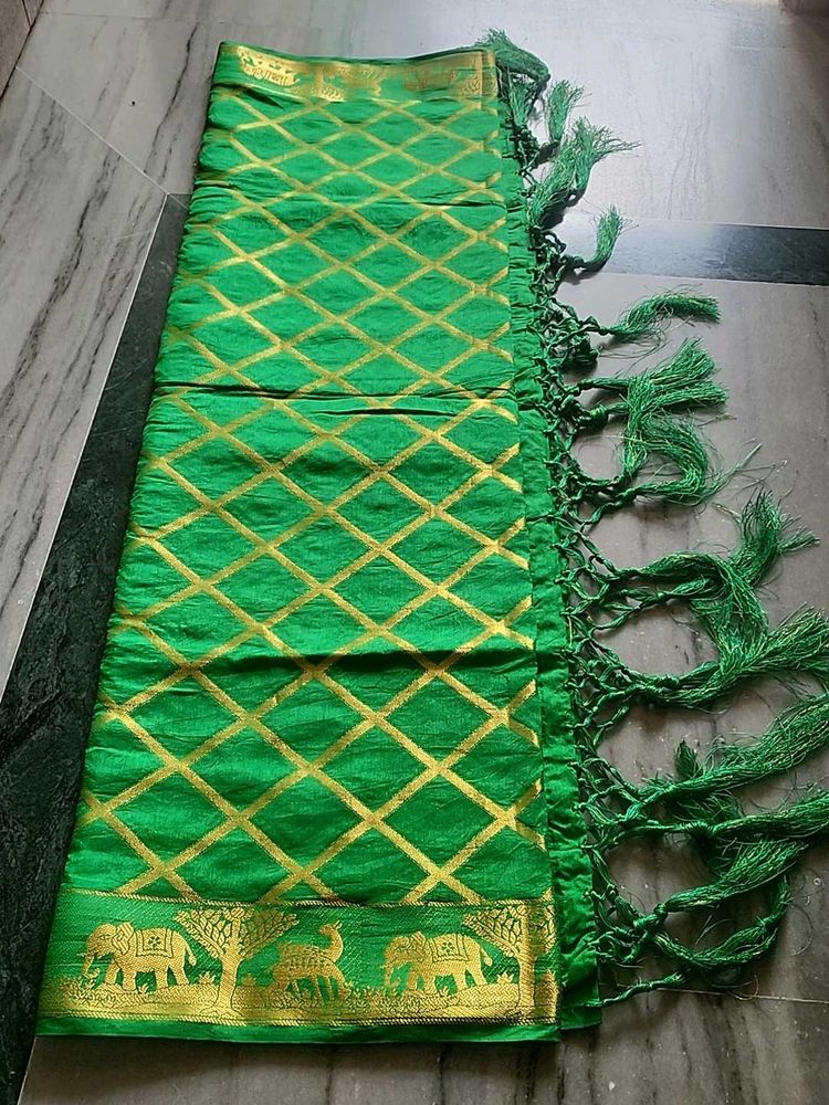 Vibrant Green Silk Dupatta with Golden Border