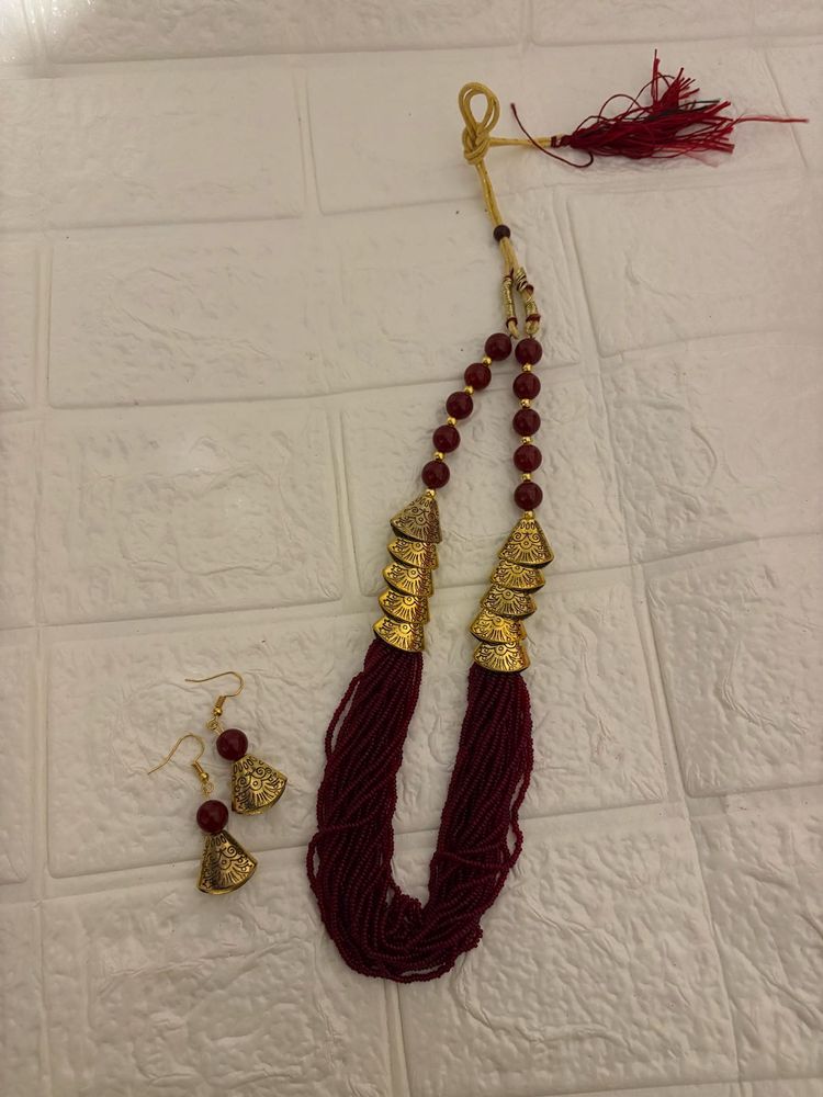 Maroon Beaded Necklace with Earrings