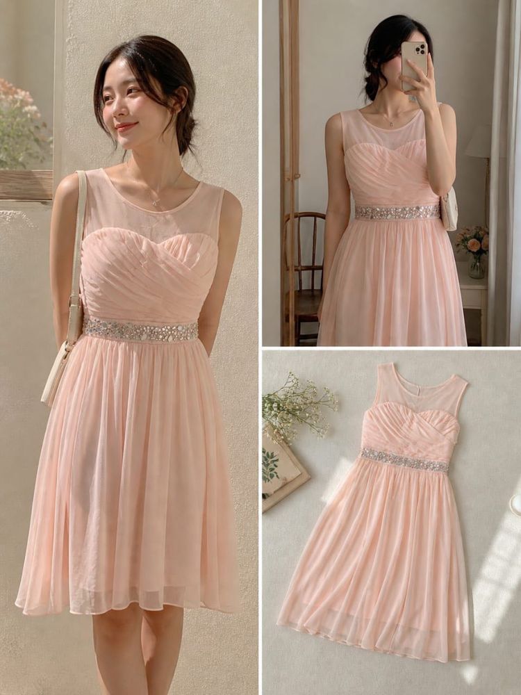 Imported Elegant Pink Sheer Neckline Dress