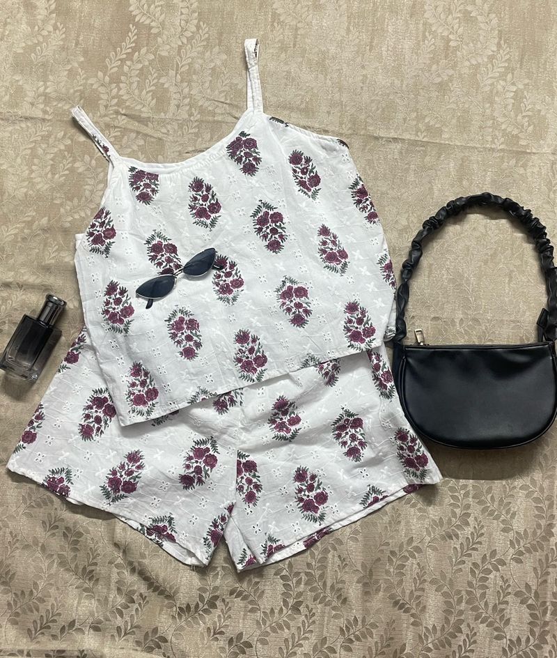 White Floral Print Cami and Shorts Set