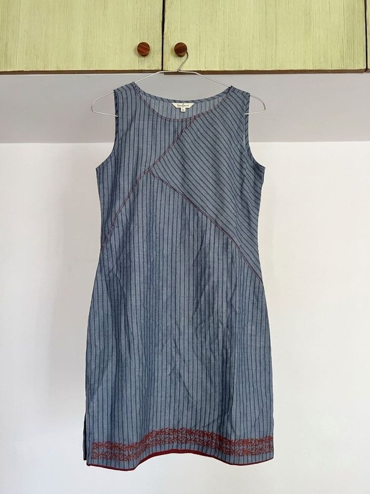 Blue Striped Kurta with Red Embroidery