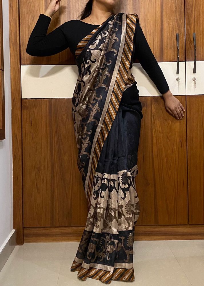 Black Saree with Intricate Golden Border