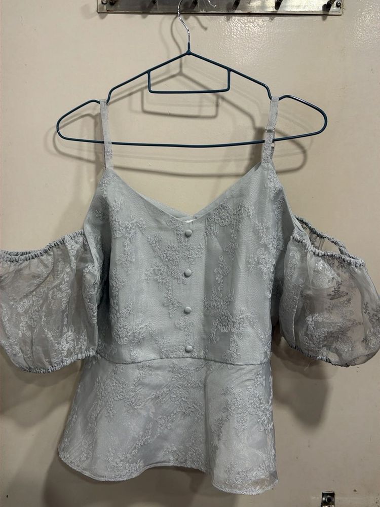 Light Blue Lace Cold Shoulder Top