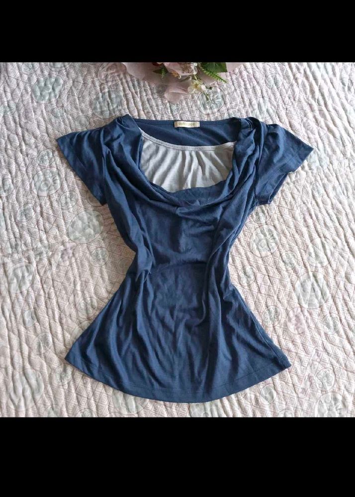 Blue Y2K Cowl Neck Short Sleeve Top