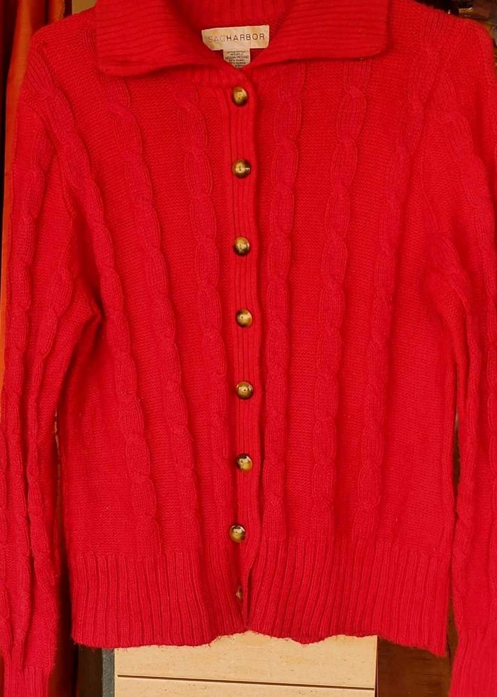 Women L Red Cable Knit Button-Up Cardigan