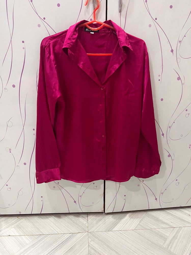 Vibrant Pink Satin Button-Up Shirt