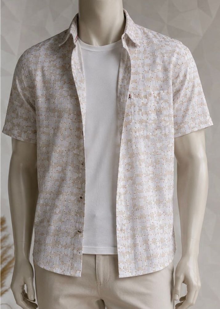 Men’s Beige Printed Half Sleeve Casual Shirt