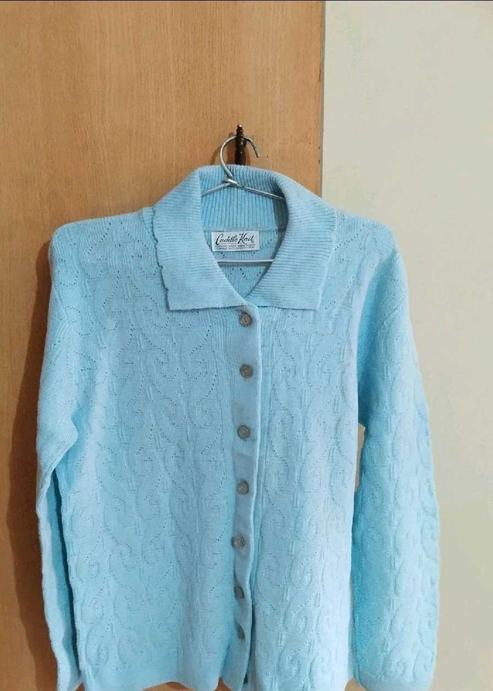 Light Blue Collared Knit Cardigan Sweater
