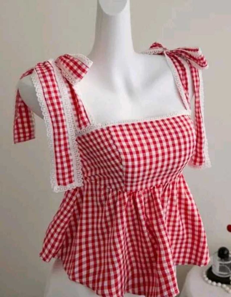 Red Gingham Lace Trim Top
