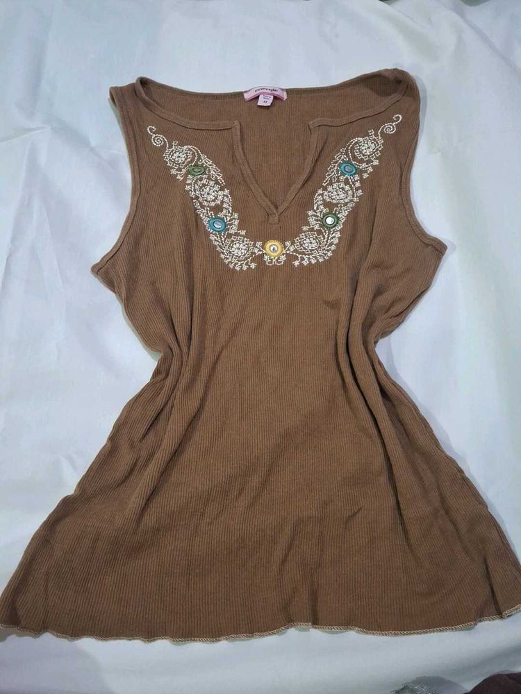 Brown Embroidered Sleeveless Top