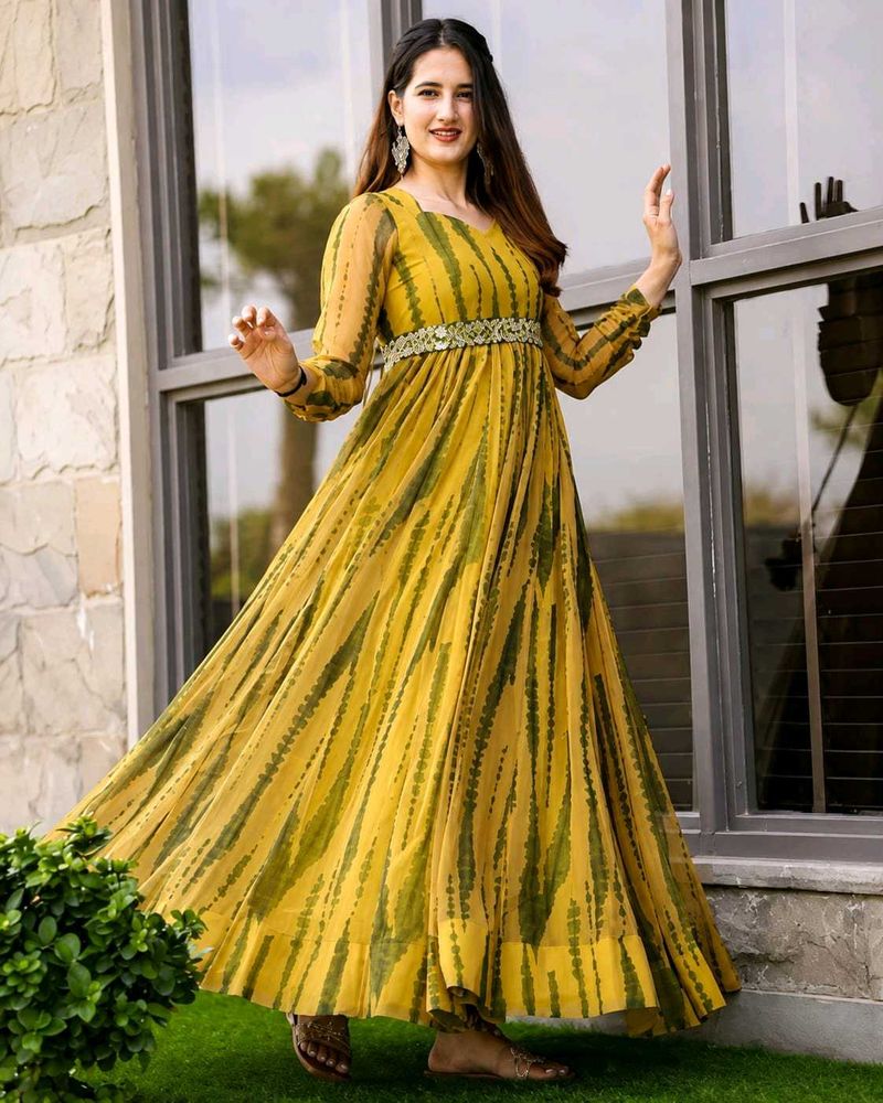 Women's Mustard Yellow Printed Anarkali Gown | Lon