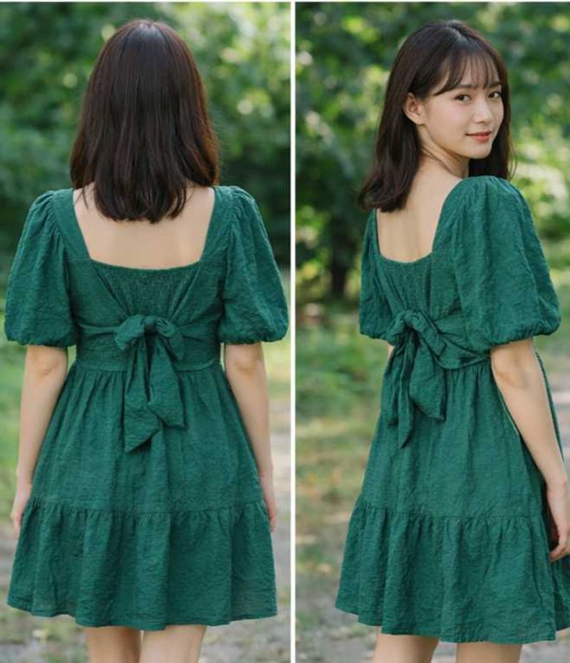 Green Puff Sleeve Mini Dress✨