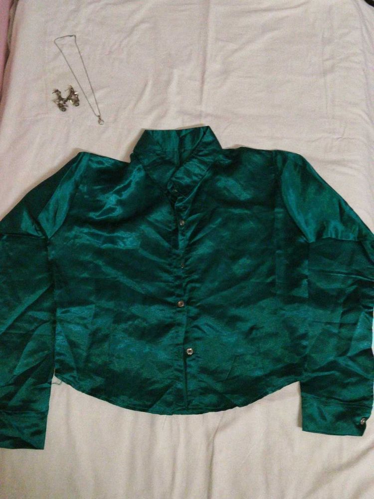 Emerald Satin Cropped Shirt