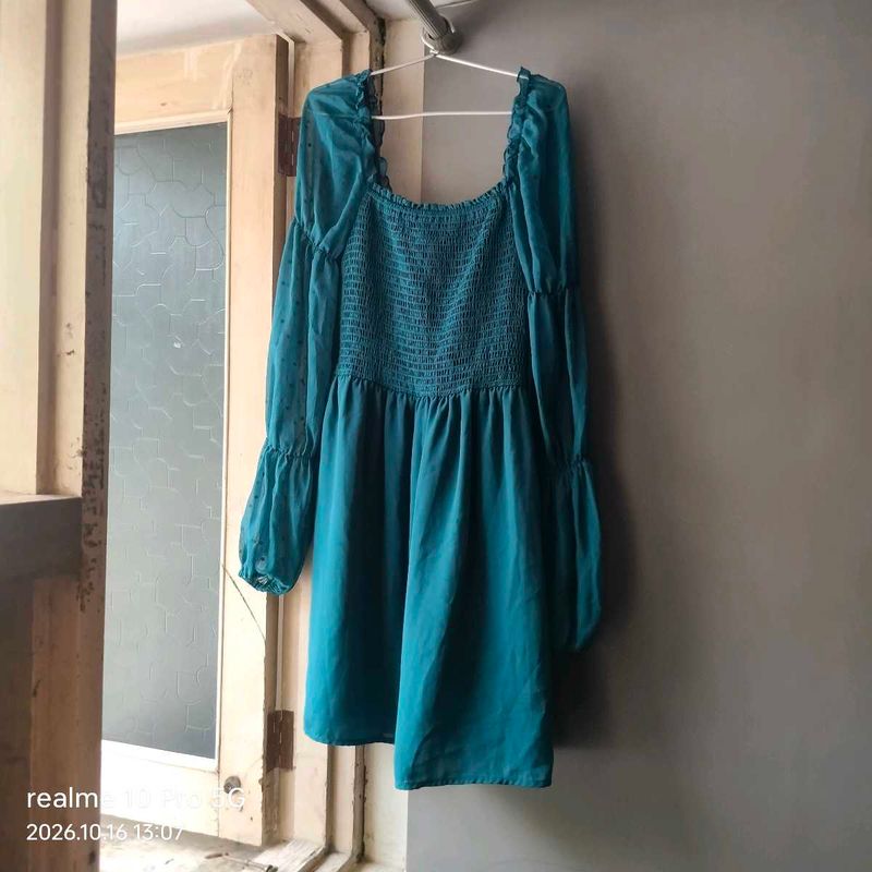 Chic Teal Smocked Square Neck Dress