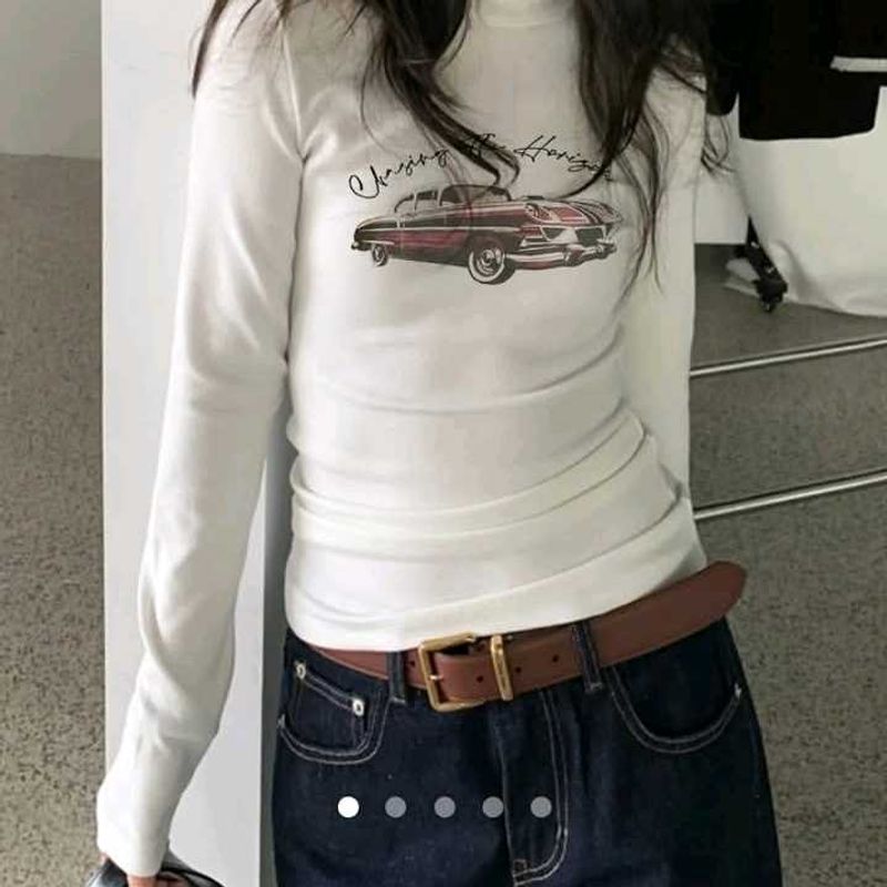 White Long Sleeve T-Shirt with Car Graphic