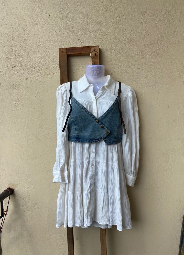 combo White Shirt Dress w/ Denim Top &amp; Jacket