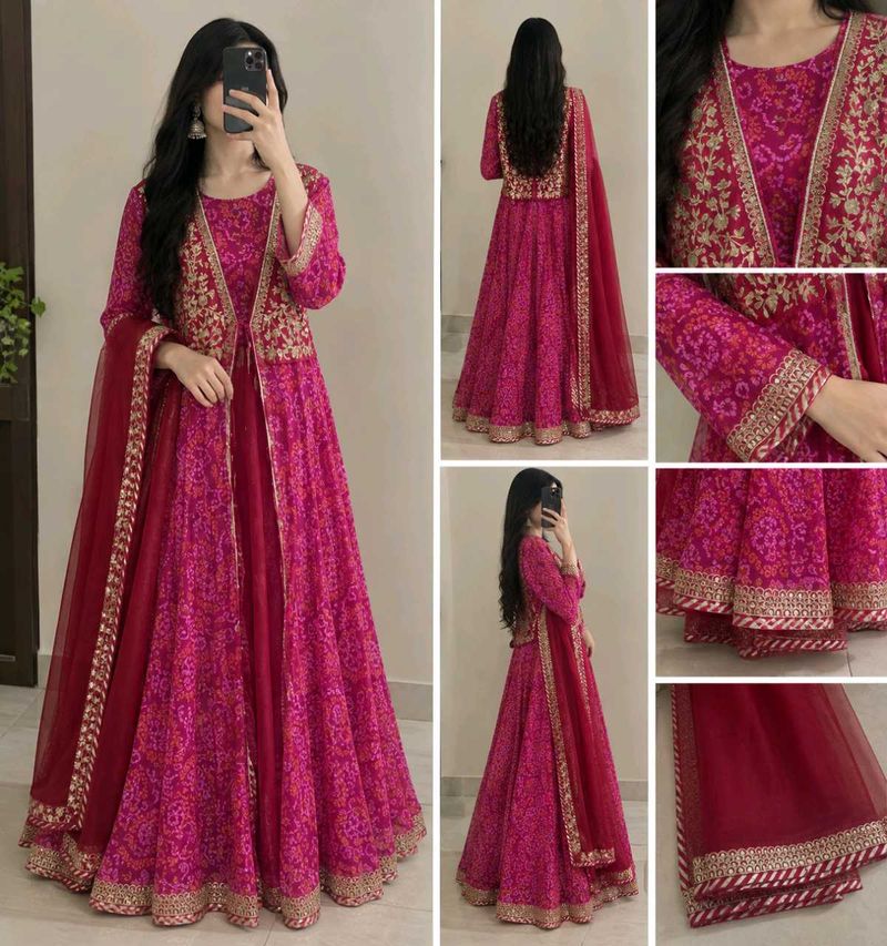 Anarkali Gown with Embroidered Jacket &amp; Dupatta