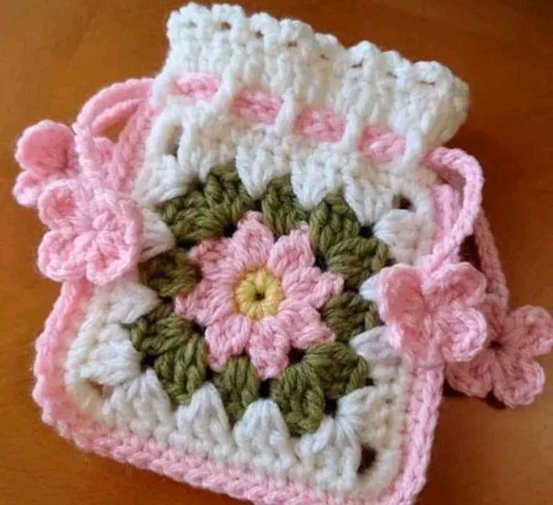 Handmade Crochet Pouch with Floral Design