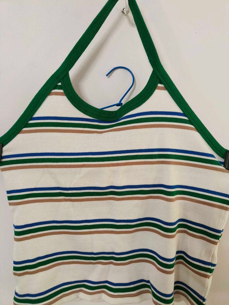 Striped Halter Neck Ribbed Crop Top