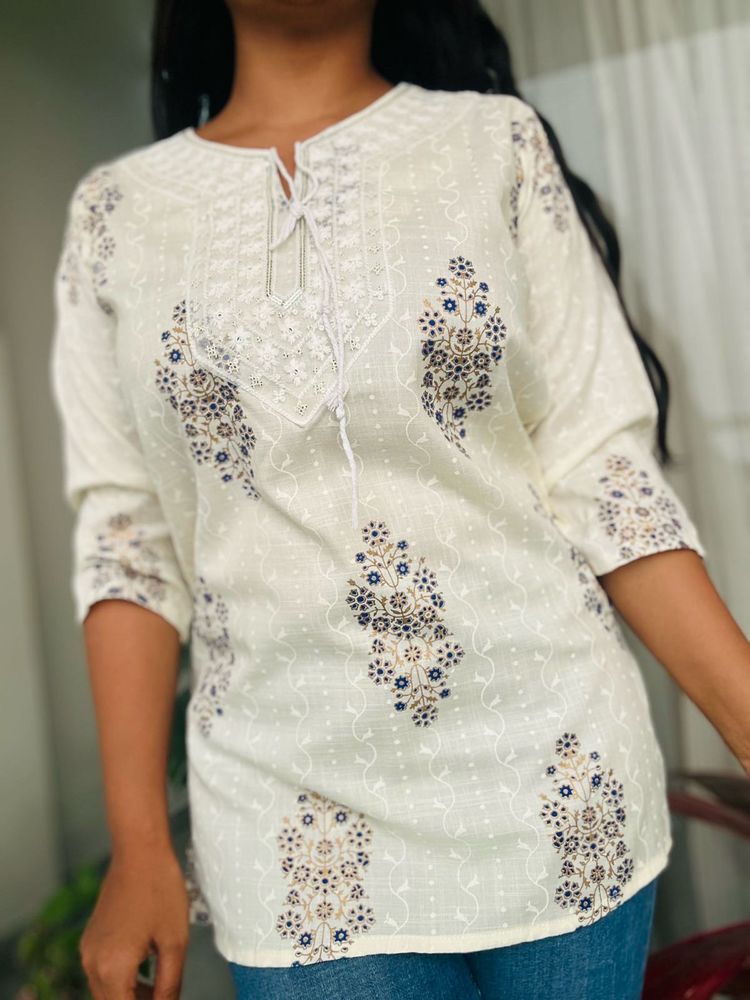 Cream Kurta with Blue Floral Print