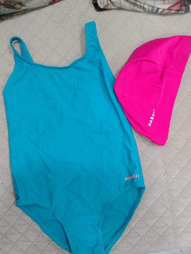 Nabaiji Blue One Piece Swimsuit &amp; Pink Cap