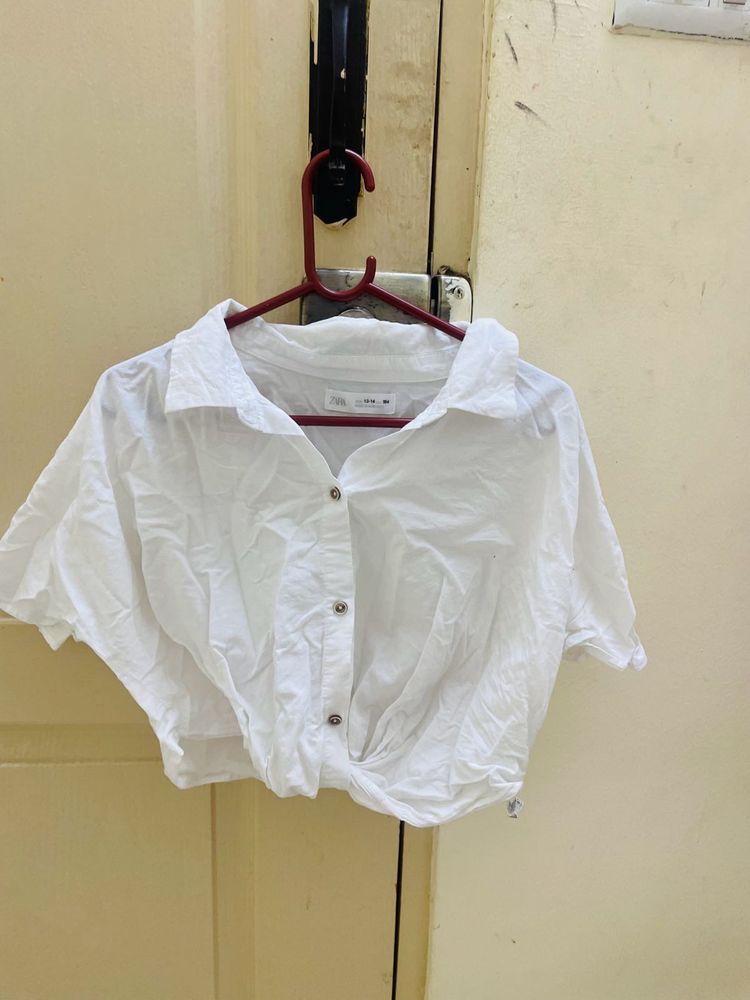 Zara White Twisted Crop Shirt