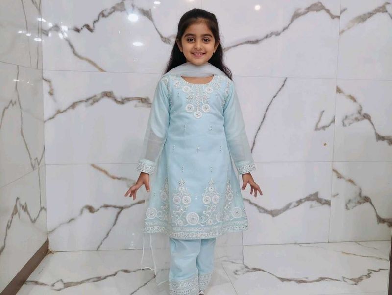Girls' Light Blue Embroidered Salwar Kameez