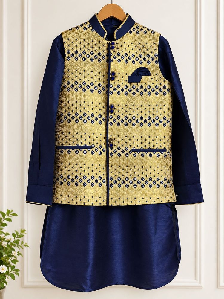 Men's Royal Blue &amp; Gold Rajwadi Kurta Jacket Set