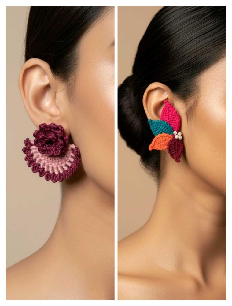 floral pink and leaf Handmade Crochet  Earrings