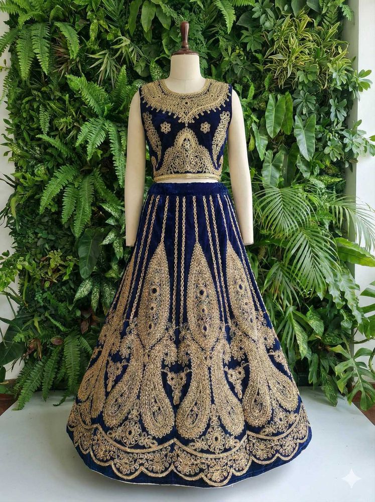 Elegant Navy Blue Velvet Lehenga Choli