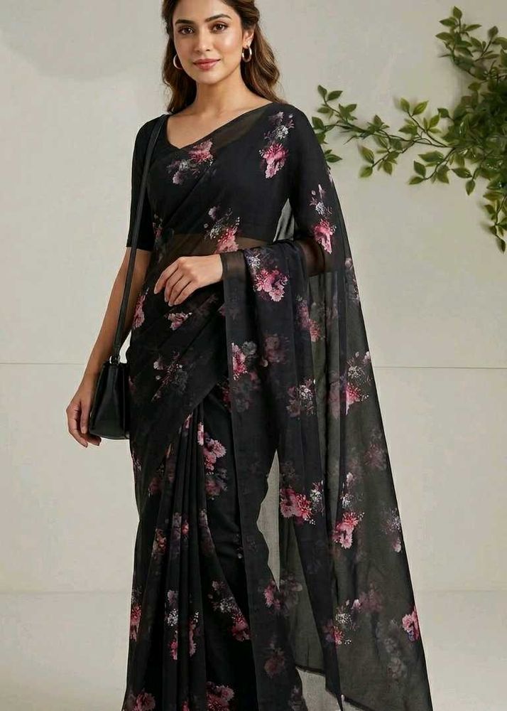 Elegant Black Floral Saree🖤🌸😚💕🤍