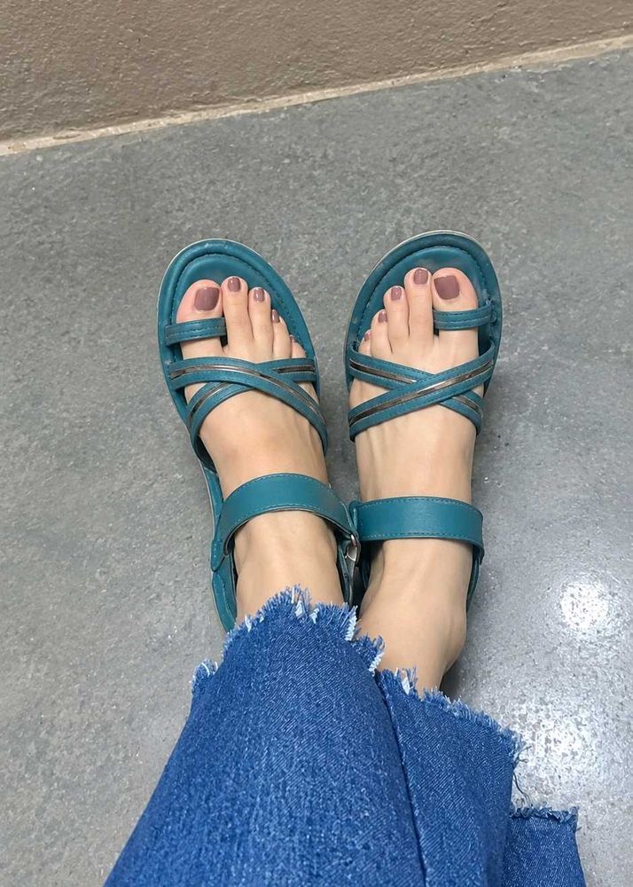 Teal Strappy Flat Sandals