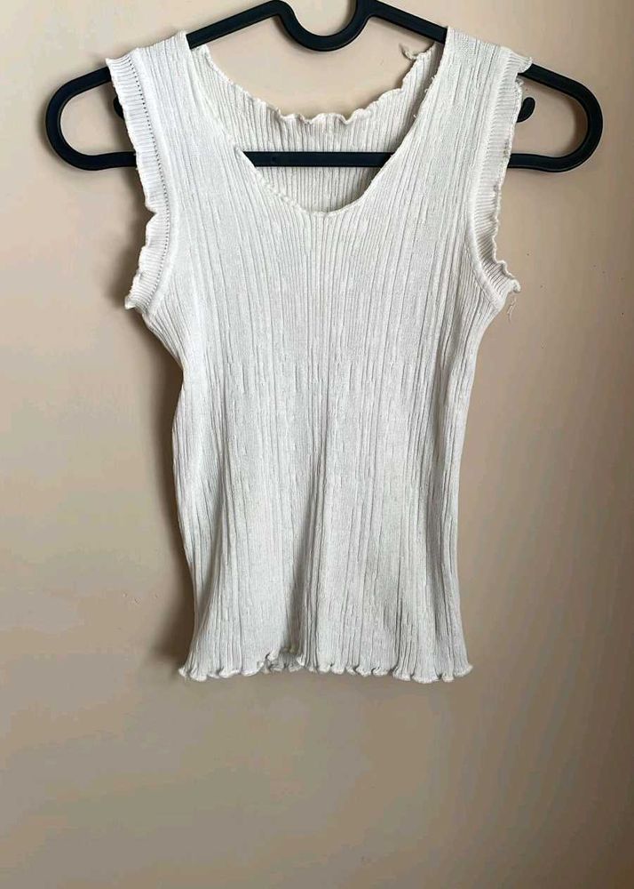 White Ribbed Lettuce Hem Tank Top