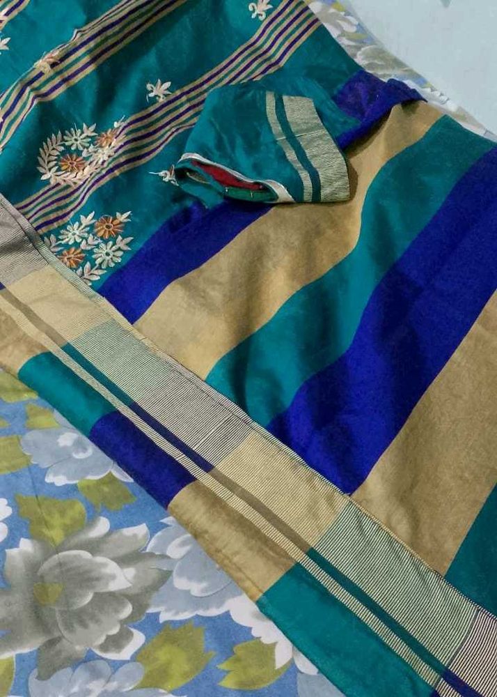 Beautiful Teal &amp; Blue Striped Saree