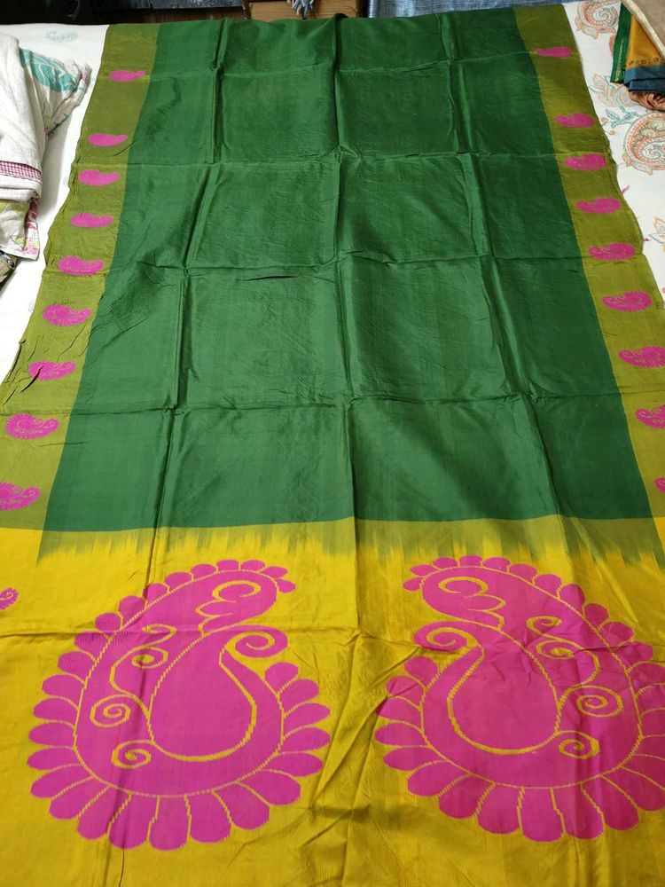 Green Saree with Pink Paisley Border
