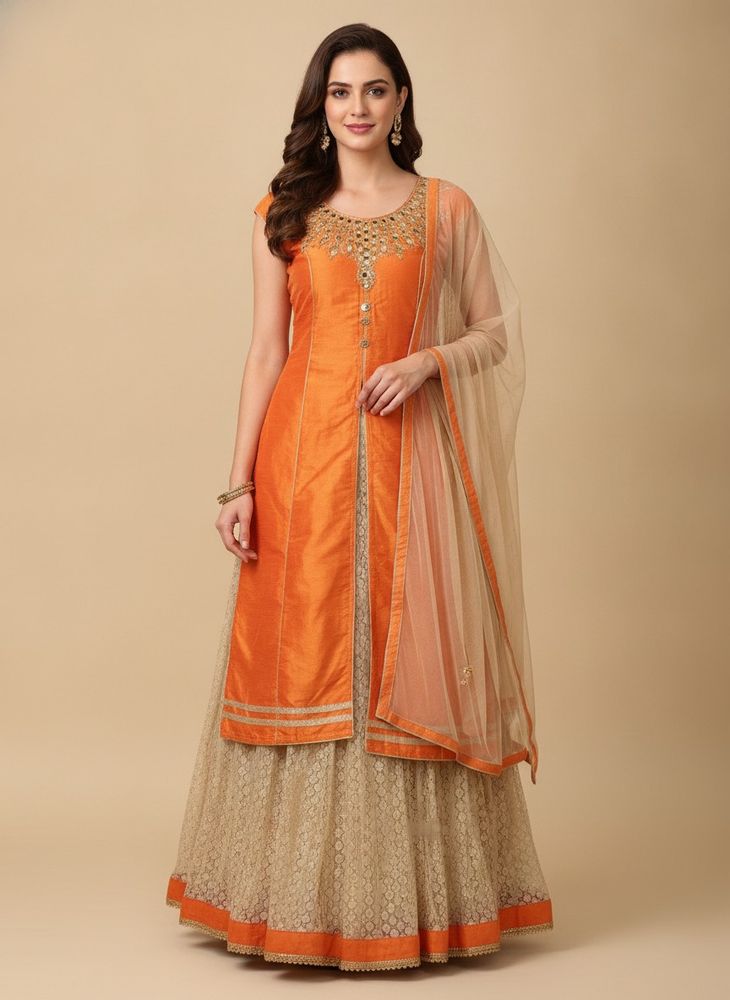 Orange Kurta Set with Mirror Work