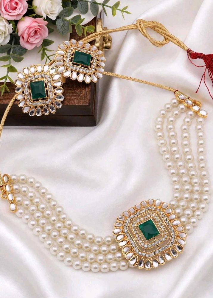 Elegant Pearl &amp; Emerald Choker Set