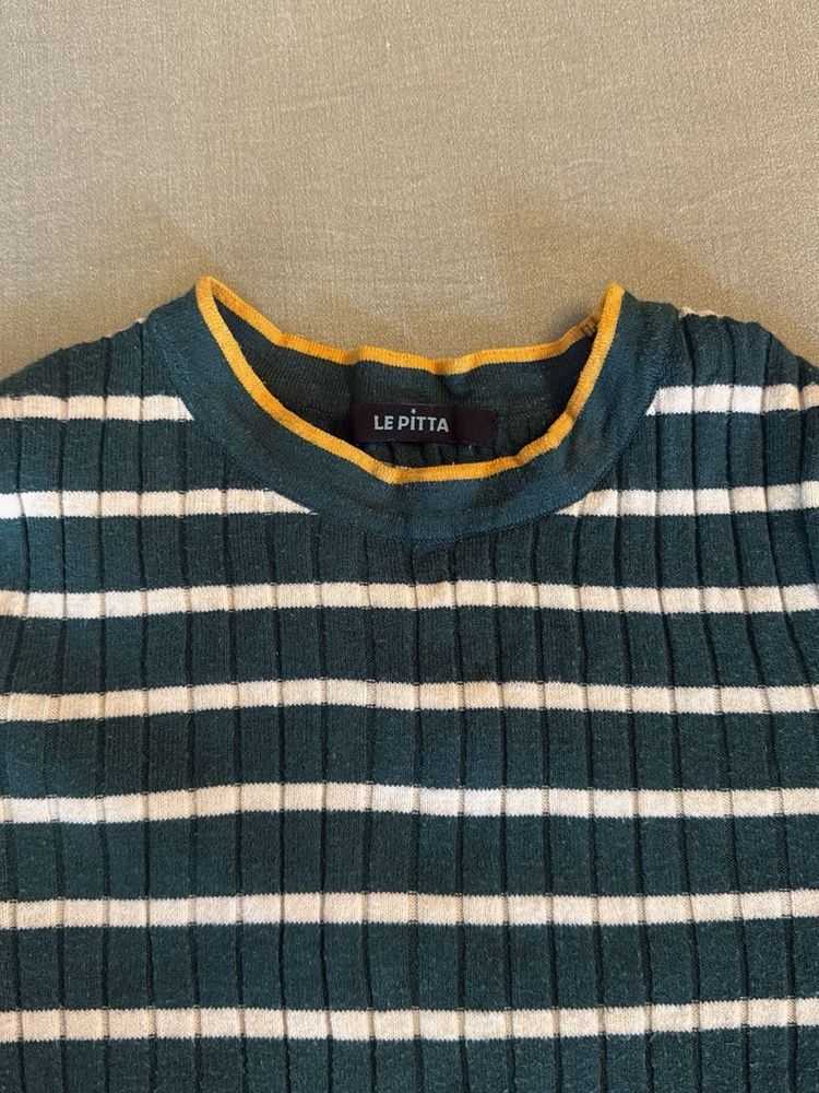 Green &amp; White Striped Ribbed Sweater