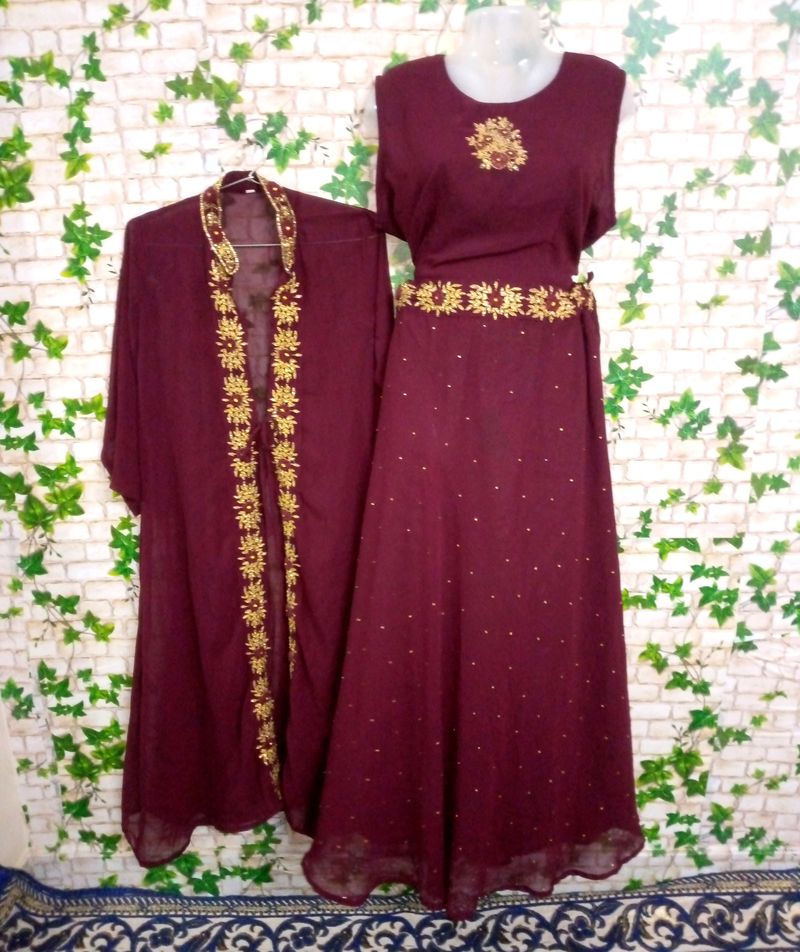 Maroon Dress Set with Gold Embellishments