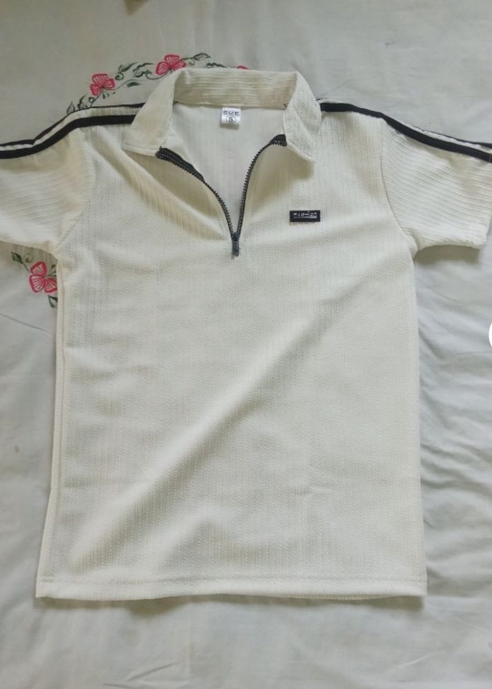 Men's Cream Zip Polo T-Shirt