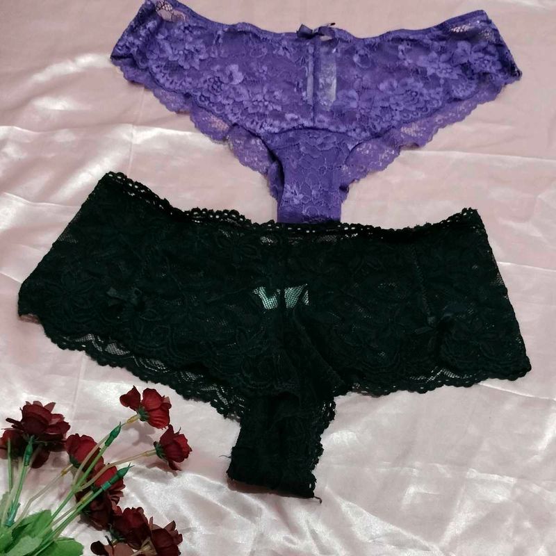 four Lace Panty Set - Purple &amp; Black combo