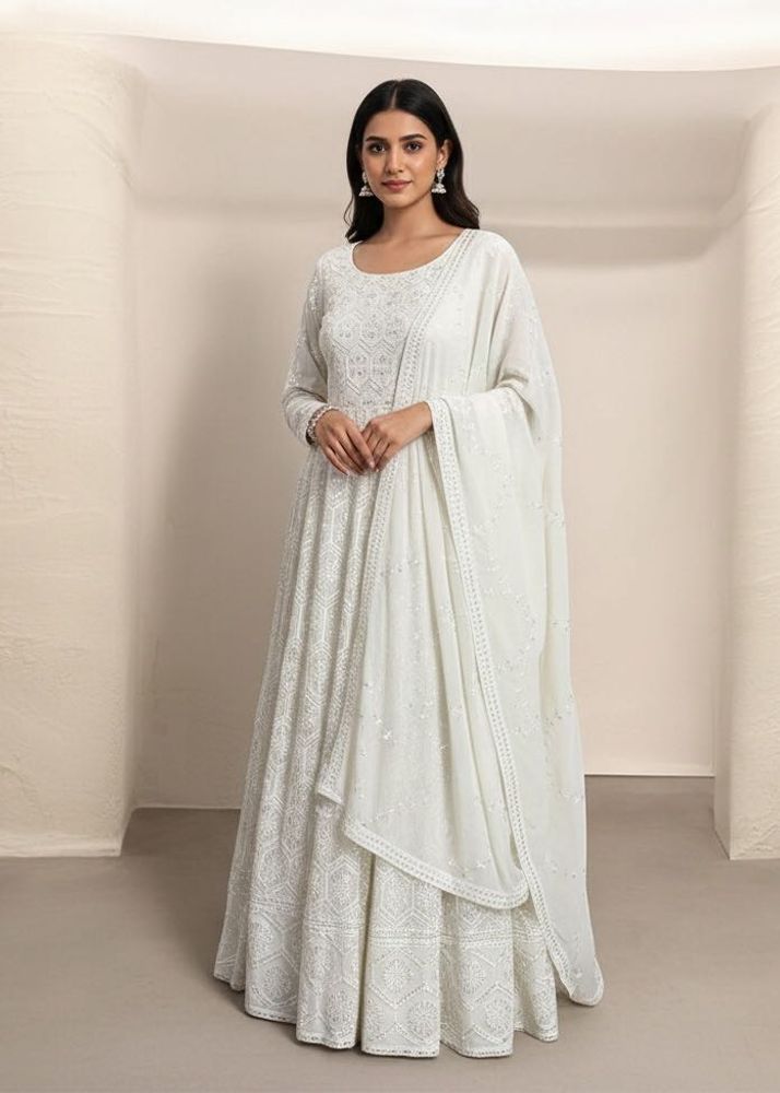 White Party Wear Anarkali Gown &amp; Dupatta