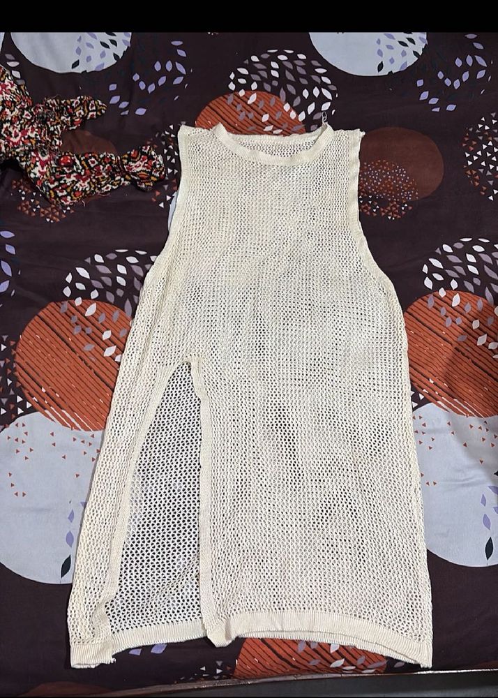 Cream Crochet Knit Tunic Top