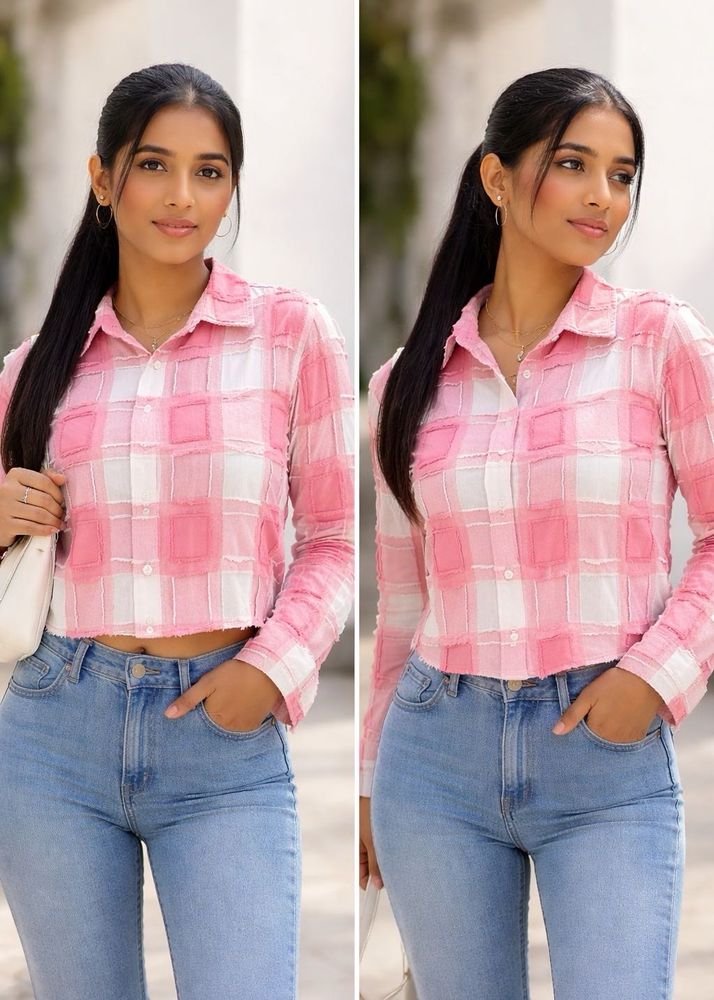 Pink &amp; White Plaid Cropped Shirt