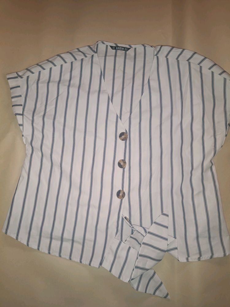 White Stripes Button Top