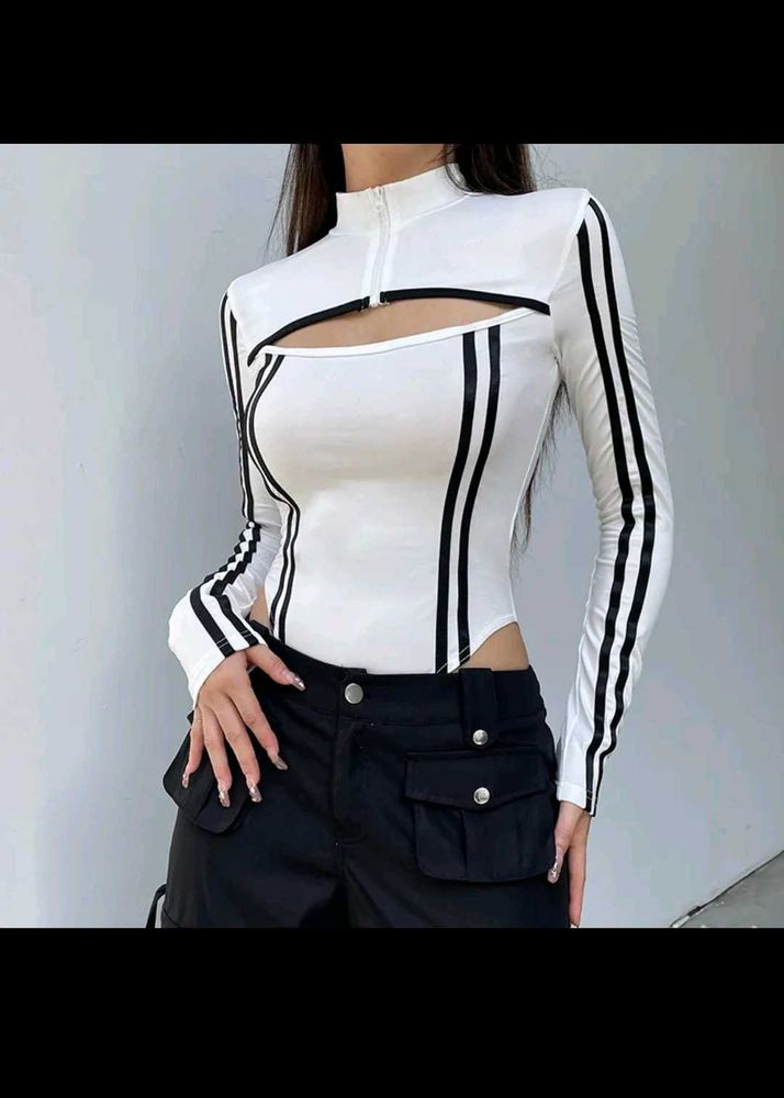 Stylish stripped White Cutout Bodysuit