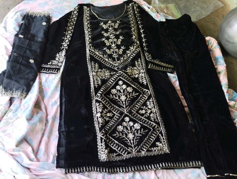 Black Velvet Embroidered Kurta Set