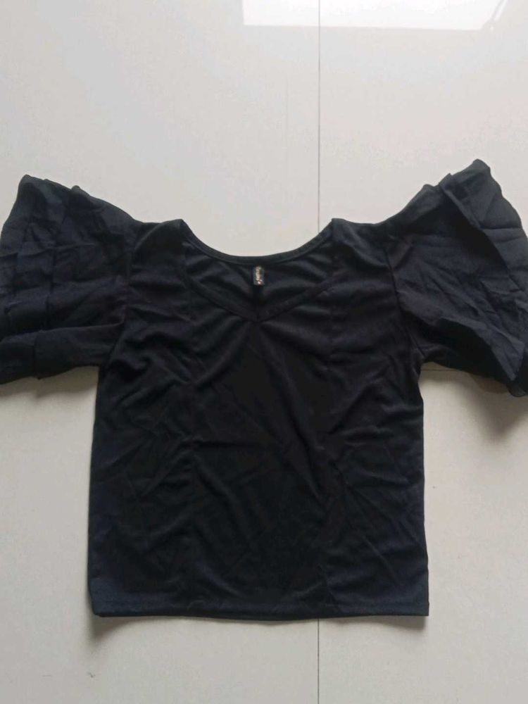 Stylish Black Top with Flutter Sleeves